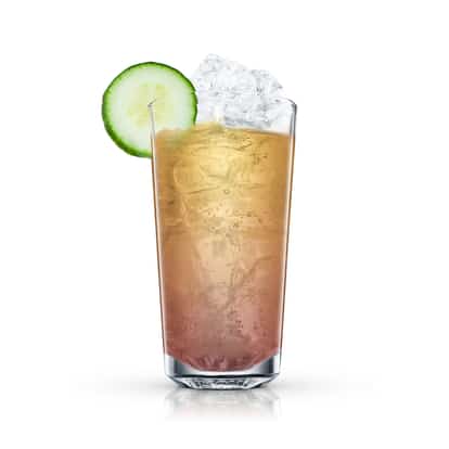 Rosarita Highball in a highball glass with crushed ice and a cucumber wheel