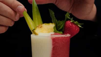 Miami vice cocktail showcasing the vertical layering cocktail technique