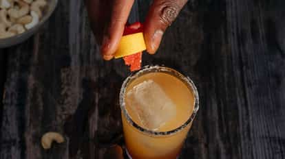 One salted-rim cocktail in a highball glass with a large ice cube and a citrus peel garnish on a wood background