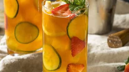 Pimms Cip No 1 drinks with lots of fresh fruit.