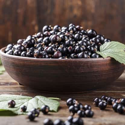 Crème de Cassis blackcurrants piled in a wooden bowl with a few loose berries and leaves on a wooden table
