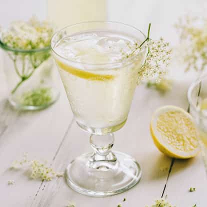 Elderflower Tonic in a stemmed glass with lemon slice, elderflower sprig and ice