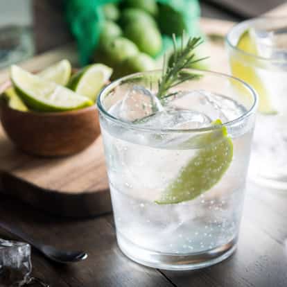 Lemon Tonic Water in a rocks glass with ice and a lime wedge and a rosemary sprig on a wooden board
