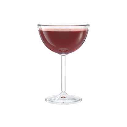 Unadorned deep red cocktail in a single coupe glass on white background.