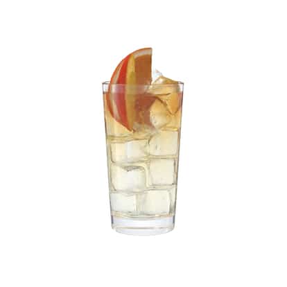 Absolut Apeach Dream in a highball glass with ice cubes and peach slices on white background