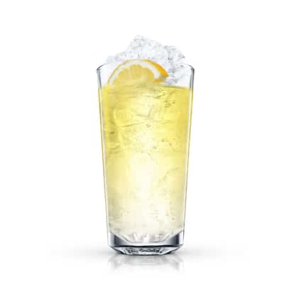 Absolut Apeach Squeeze served in a highball glass with crushed ice and a lemon wedge on white background