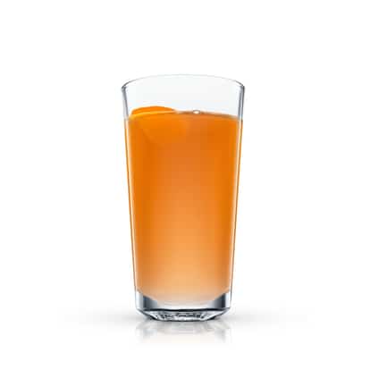 Absolut Apeach Toddy in a highball glass garnished with an orange slice on white background