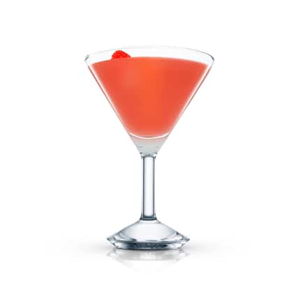 Absolut Basil Bliss in a martini glass with a strawberry slice on the rim on white background