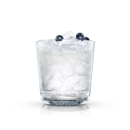 Absolut Blueberry Bell in a rocks glass with crushed ice and three blueberries, on white background