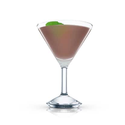 Cocktail in an Absolut martini glass garnished with a mint leaf on white background.