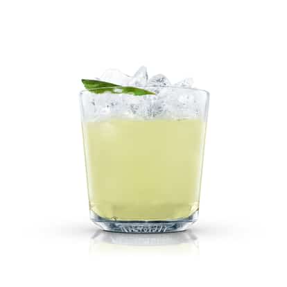 Absolut Citron Julep in a rocks glass topped with crushed ice and a mint leaf on white background