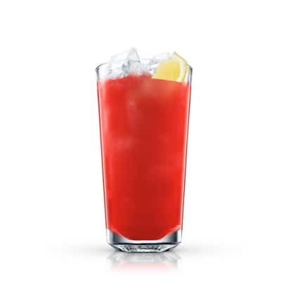 Absolut Citron Mary in a highball glass with ice and lemon wedge on white background