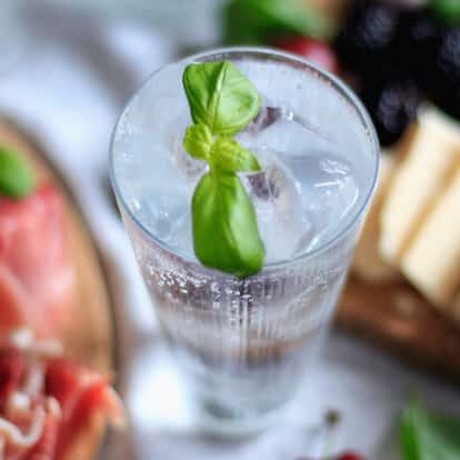 Absolut Citron with Tonic in a highball glass with ice and a basil leaf on a table with charcuterie and cheese