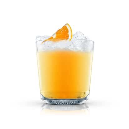 Absolut Crush served in a rocks glass with crushed ice and orange wedge on white background