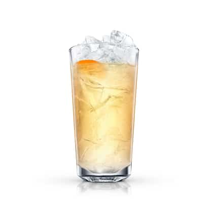 Absolut Elderflower Fizz in a highball glass over crushed ice with an orange peel garnish on white background