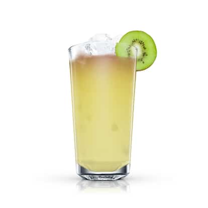 Absolut Grcic Mono in a highball glass with ice and a kiwi wheel on white background