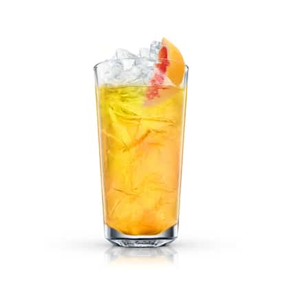 Absolut Hanna Wallbanger in a highball glass with crushed ice and a grapefruit wedge on white background