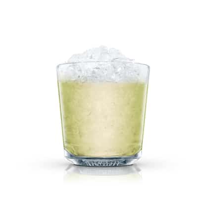 Absolut Kiwi Caipiroska served in a rocks glass filled with crushed ice on white background