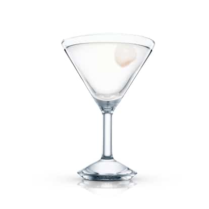Absolut Litchi Fruitini in a martini glass with a lychee on white background
