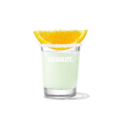 Absolut Mandrin Drop in a rocks glass with sugar rim and orange wedge on white background