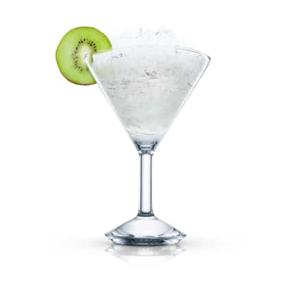 A crushed ice cocktail in an Absolut martini glass is garnished with a kiwi slice on white background.