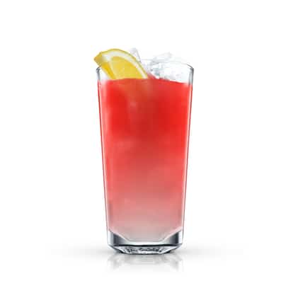 Pepper Vodka with Tomato Juice in a highball glass with ice and a lemon wedge on white background