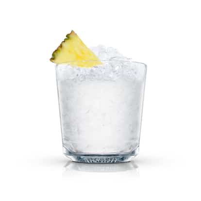 Absolut Pineapple Fusion served in a rocks glass with crushed ice and a pineapple wedge on white background.