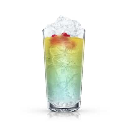 Absolut Raspberri Blue Bay layered in a highball glass with crushed ice and raspberries on top