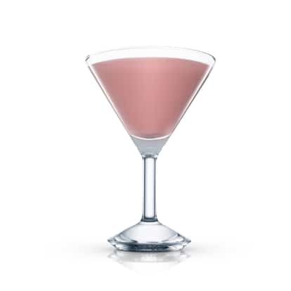 Single pink cocktail in a martini glass on white background.