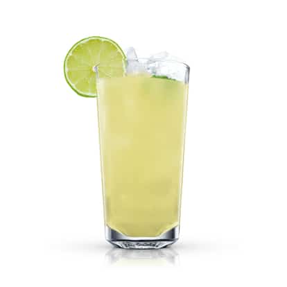 Absolut Razzmatazz served in a highball glass with ice and a lime wheel on white background