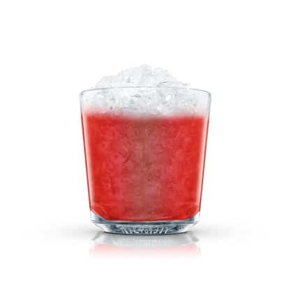 Absolut Red Fruits served in a rocks glass topped with crushed ice on white background