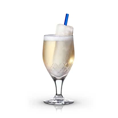 Absolut Royal Rocket in a stemmed wine glass with an ice pop and straw on white background