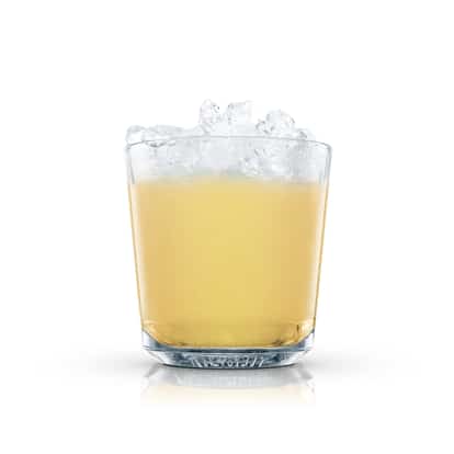 Absolut Stolen Fruit in a rocks glass topped with crushed ice on white background