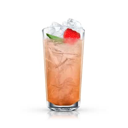 Absolut Vanilia Flower in a highball glass with crushed ice, a strawberry and mint leaf on white background