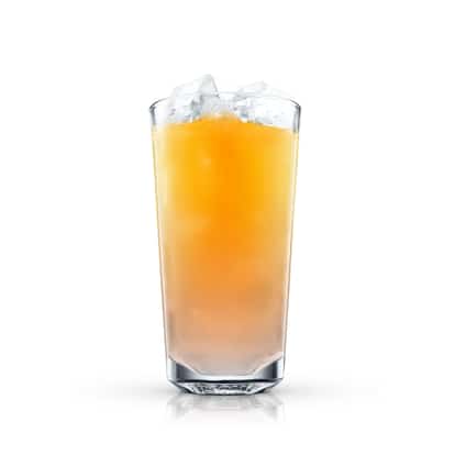 Absolut Vanilia Sunrise served in a highball glass with ice on white background