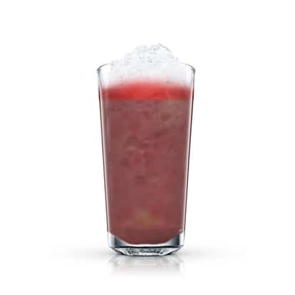 Absolut Very Berry in a tall highball glass topped with crushed ice on white background