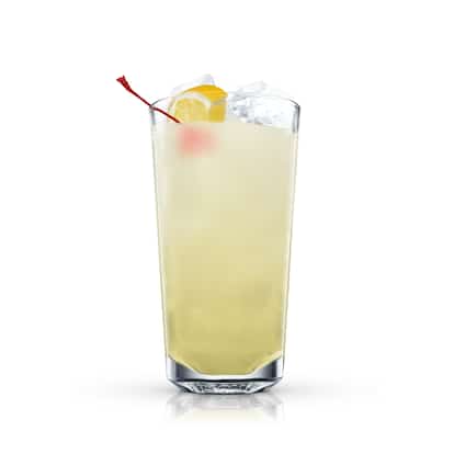 Agave Collins in a Collins glass garnished with a lemon wedge and maraschino cherry on white background.