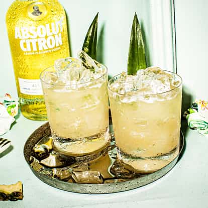 Aligatorade served in two rocks glasses with crushed ice and pineapple leaves and an Absolut Citron bottle behind