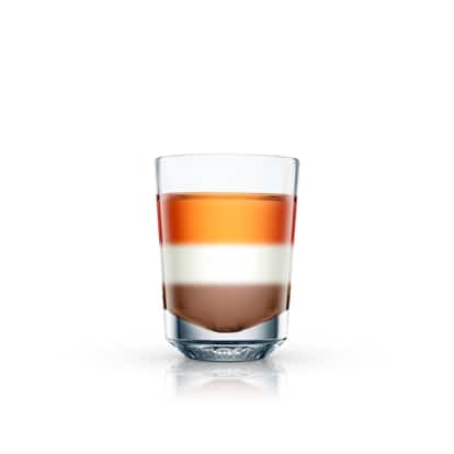 All Fall Down layered in a shot glass with three layers on white background