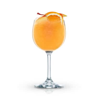 Allegria served in a stemmed wine glass with an orange slice and cherry on white background.
