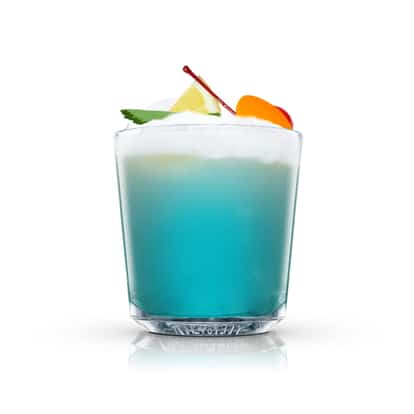 Alleluja served in an Absolut rocks glass topped with foam and garnished with a lemon wedge, cherry and mint