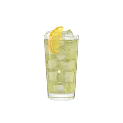 Almond Iced Tea in a highball glass with ice and a lemon wedge on white background