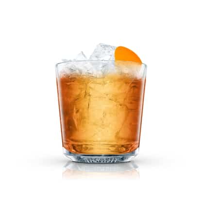 Almond Old Fashioned served in an Absolut rocks glass with crushed ice and orange peel garnish
