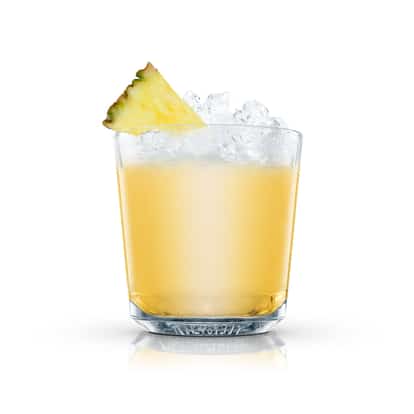Amsterdam Cobbler in an Absolut rocks glass with crushed ice and a pineapple wedge on white background