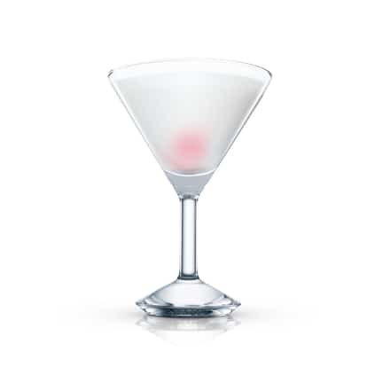 Angel's Tit served in a chilled martini glass with a maraschino cherry at the base on white background