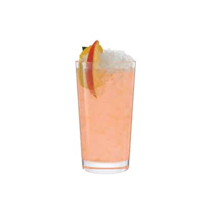Apeach Temptation in a highball glass with crushed ice and peach slices on the rim