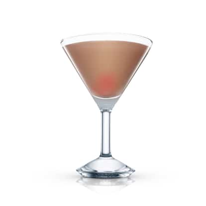 Apollo served in a martini glass with a cherry at the bottom on white background