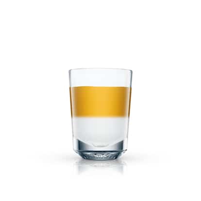 Apple & Spice layered in a shot glass with two stacked layers on white background