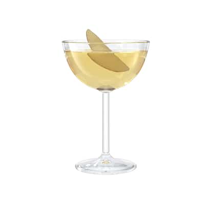 Apple bee served in a coupe glass with an apple slice garnish on white background