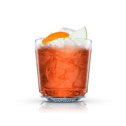 Applejack Old Fashioned served in an Absolut rocks glass with crushed ice and apple wedge and orange peel